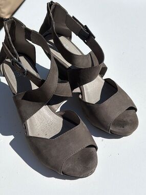 Eileen Fisher Charcoal Crisscross Peep-Toe Wedge Sandals